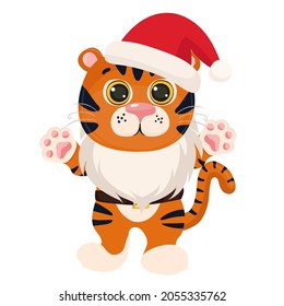 New Year and Christmas funny tiger. The symbol of the year 2022. Vector illustration isolated on white background.