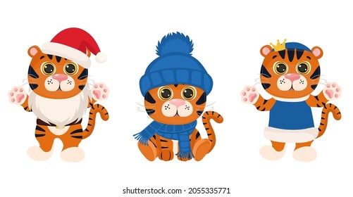 New Year and Christmas funny tiger. The symbol of the year 2022. Vector illustration isolated on white background.