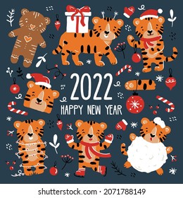 New Year and Christmas funny tiger cubs set in Santa Claus costumes. Cute cartoon orange animals in doodle style hand drawing on a blue background. Winter vector elements, ice skates, gifts and toys.