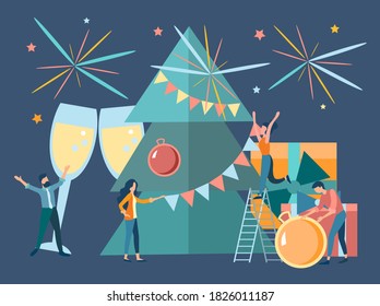 New year and Christmas gathering Company of friends decorate the Christmas tree and prepares gifts for friends and relatives Concept Vector Illustration