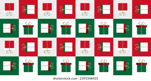 New Year and Christmas geometric vector seamless pattern in green-red tones with gift boxes