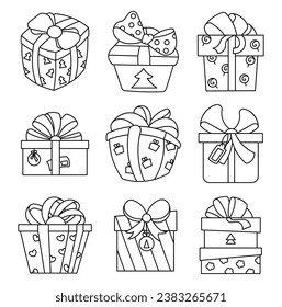 New Year and Christmas gift box. Coloring Page. Holiday surprise and presents. Hand drawn style. Vector drawing. Collection of design elements.