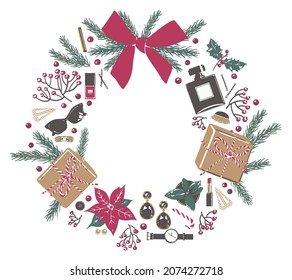 New year or christmas gift, isolated wreath with pine tree branches and ribbon bow. Perfume in bottle, glasses accessories and earrings, watch and cosmetics, surprise for women. Vector in flat style