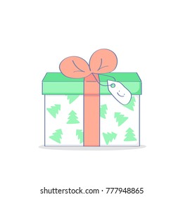 New Year or Christmas gift, present box, flat outline vector illustration icon concept.
