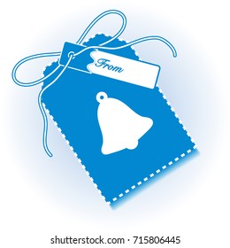 New year and christmas gift tag with bell and ribbon. Design for postcard, banner, poster or print.