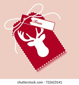 New year and christmas gift tag with cartoon character deer and ribbon. Design for postcard, banner, poster or print.