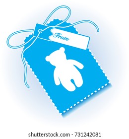 New year and christmas gift tag with toy bear and ribbon. Design for postcard, banner, poster or print.