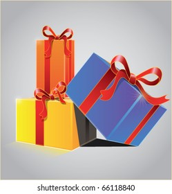 New year and Christmas gifts. Blue, orange and yellow presents boxes with red ribbons. Gray background