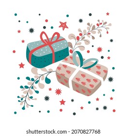 New year and christmas gifts, preparation and celebration. Isolated boxes in wrapping paper and ribbon bows, stars and snowflakes. Xmas postcard, card with greetings for holidays. Vector in flat style