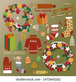 new year and Christmas with gifts socks mittens ornaments sled