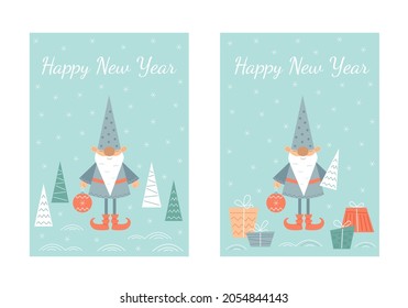 New Year and Christmas gnome, tree and gift, set of greeting cards. Vector stock illustration. 