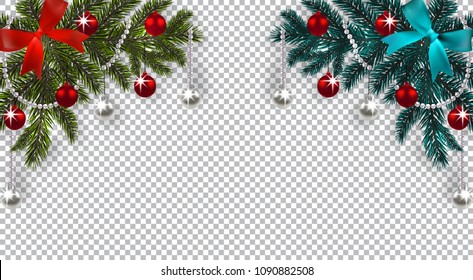 New Year. Christmas. A green and blue branch of a Christmas tree with toys with a shadow. Corner drawing. Blue and red bow, silver and red balls on a checkered background. Vector illustration