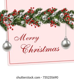 New Year, Christmas. Green branches of a fir tree with a shadow and snowflakes. card.  silver balls. Vector illustration
