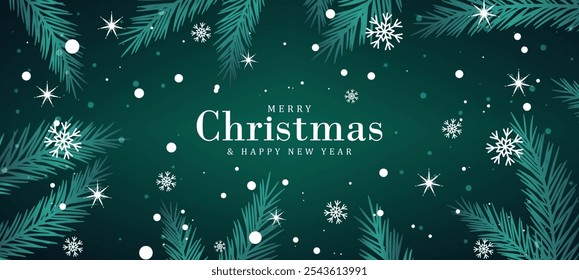 New Year and Christmas green card. Christmas tree branches and snowflakes vector holiday design.
