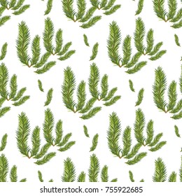 New Year Christmas. Green tree branch close-up on a white background. Seamless pattern. Isolated Illustration