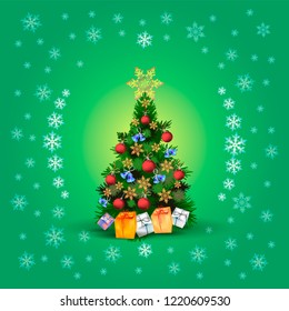 New Year or Christmas greeting card with a dressed up Christmas tree and snowflakes on a green background. Square banner.