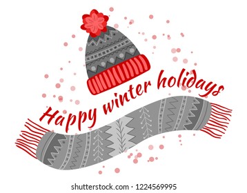 New Year, Christmas greeting card. Winter scarf and hat on white background