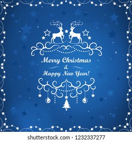 New Year and Christmas greeting card with reindeers and snowflakes on the  blue star sky background. Vector illustration.