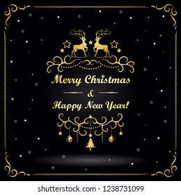 New Year and Christmas greeting card with reindeers and snowflakes on black background. 
