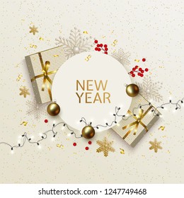 New Year and Christmas greeting card with festive decorations White golden postcard with gift boxes, balls, holly berries, snowflakes, garland of glowing light bulbs Xmas decoration elements