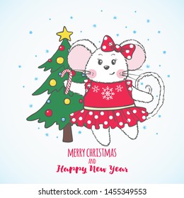 New Year and Christmas greeting card with cute Mouse with fir tree isolated on white background. Zodiac rat of 2020 chinese year. Vector illustration.