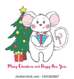 New Year and Christmas greeting card with cute mouse isolated on white background. Chinese year symbol. Vector illustration