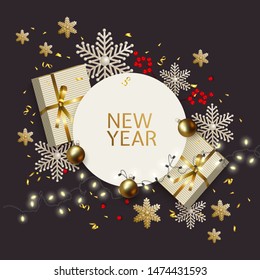 New Year and Christmas greeting card with festive decorations White, dark, golden postcard with gift boxes, balls, holly berries, snowflakes, garland of glowing light bulbs Xmas decoration elements