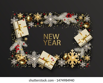 New Year and Christmas greeting card. White, golden frame with gift box, branches of spruce, balls, holly berries, snowflakes, garland of glowing lightbulbs on black background. Vector festive design