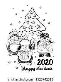 New year and Christmas greeting card. Cute cartoon penguins in winter clothes near the Christmas tree. Lettering happy new year. 2020. Hand-drawn black and white art line in vector. Kids coloring page