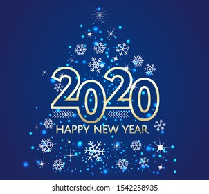 Tarjeta de felicitación de Año Nuevo y Navidad con copos de nieve blancos, estrellas y chispas de fondo azul. Números dorados de línea moderna 2020. Ilustración vectorial de vacaciones.