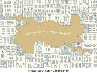New year and Christmas greeting card. Happy new year banner. City skyline at winter time. Vector illustration