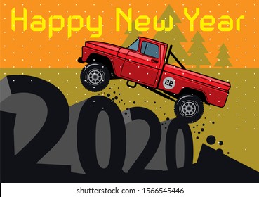 New year and Christmas greeting card. Happy new year banner. Christmas card with classic off-road suv car. Vector illustration