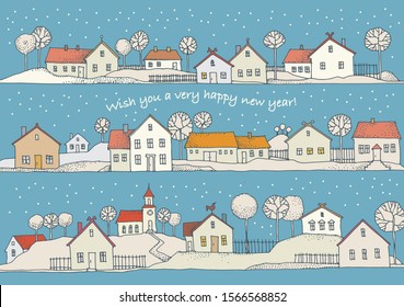 New year and Christmas greeting card. Happy new year banner. City skyline at winter time. Vector illustration