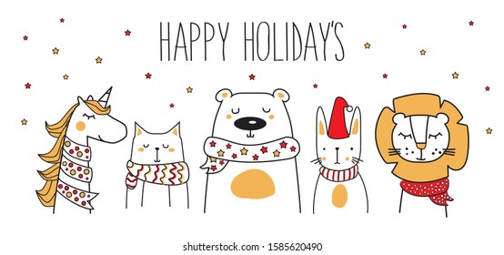 New Year and Christmas greeting card with a unicorn, cat, bear, rabbit and lion, vector illustration