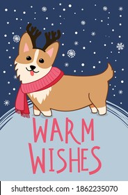 New Year or Christmas greeting card with cute Welsh Corgi dog characters and hand drawn lettering