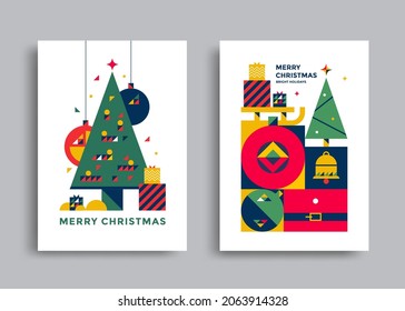 New Year and Christmas greeting card design. Vector geometric illustrations for holiday graphic with christmas tree, toy, bell.