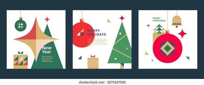 New Year and Christmas greeting card design. Vector illustrations for holiday post graphic with christmas tree, toy, bell.