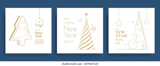 New Year and Christmas greeting card design. Christmas tree vector illustrations set. Modern Xmas design holiday cover in gold color.