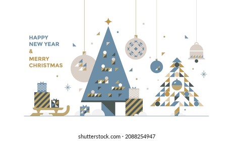 New Year and Christmas greeting card design. Vector geometric illustrations for holiday graphic with christmas tree, toy, bell.