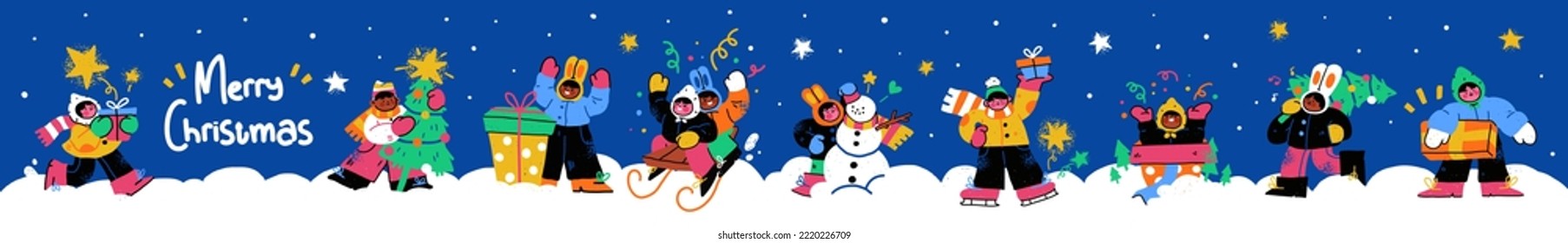 New Year And Christmas Greeting Card with happy playful kids.