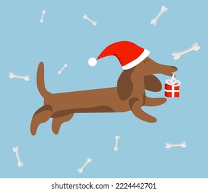 New Year and Christmas greeting card with dachshund in santa hat