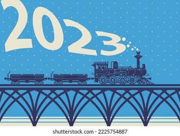 New year and Christmas greeting card. Happy new year banner. Christmas card with a vintage steam train. Vector illustration