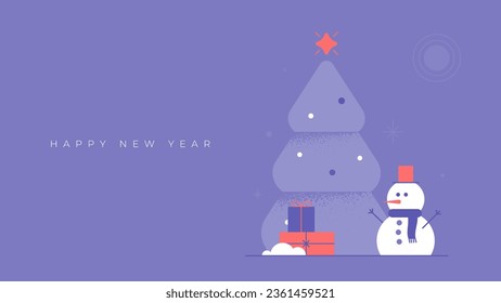 New Year and Christmas greeting card design with Christmas tree, snowman and decoration. Modern winter holiday cover in white and purple colors.