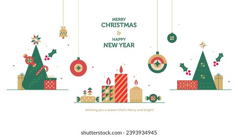 New Year and Christmas greeting card design in geometric style. Vector illustrations for holiday decoration graphic with christmas tree, candy, gift.