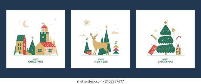 New Year and Christmas greeting card design. Vector illustrations for holiday post graphic with christmas houses, tree, deer, gift.