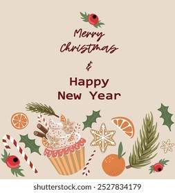 New year christmas greeting card. Vector template with cute elements for design