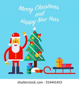 New Year and Christmas greeting card with Santa and presents. Fully editable vector illustration. Perfect for posters, greetings, flayers.