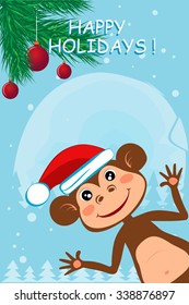 New Year and Christmas greeting card.  Funny monkey. Symbol of the New Year 2016. 