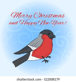 New Year and Christmas greeting card with hand drawn bullfinch against light blue background, eps10 vector illustration