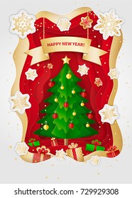 New Year  and Christmas greeting card design. Christmas tree, decorations, gifts and snowflakes. Paper arts and crafts style. Vector illustration.